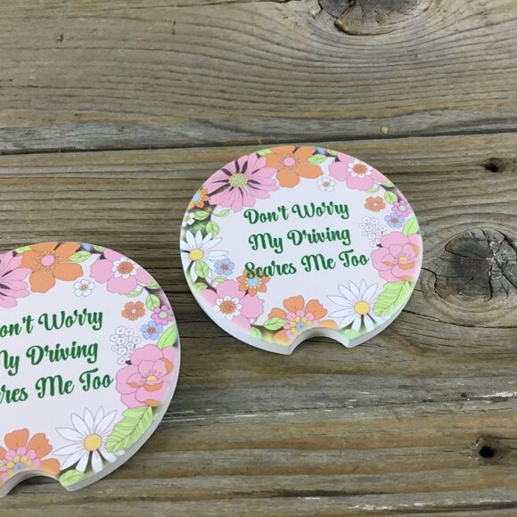 Don't Worry My Driving Scares Me Too Car Coasters Set of 2 - Picture 3 of 5